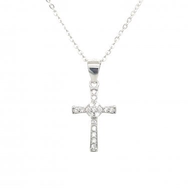 Sterling Silver CZ Cluster Centre with Plain Edging Necklace 17x11m, 16-18"
