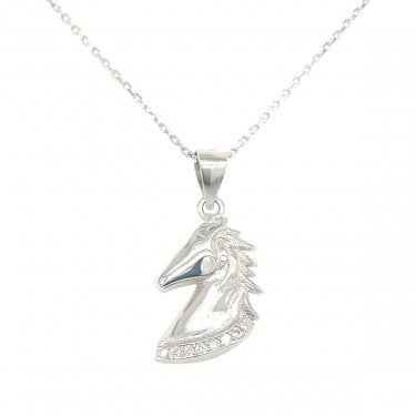 Sterling Silver CZ Collar Horses Head Necklace 14x12mm, 16-18" 