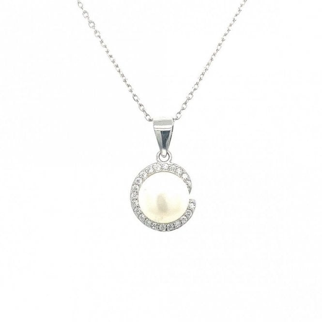 Faith Sterling Silver Sterling Silver CZ Crescent with Pearl Necklace 12x10mm, 16-18
