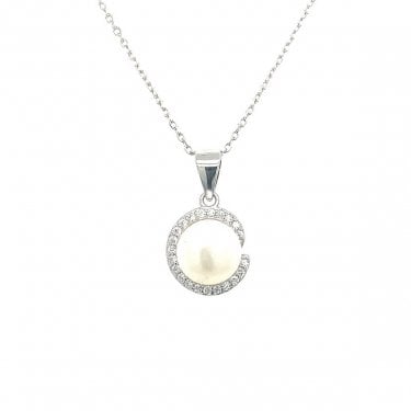 Sterling Silver CZ Crescent with Pearl Necklace 12x10mm, 16-18"