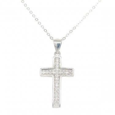 Sterling Silver CZ Cross Necklace 20x13mm, 16-18" 
