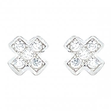 Sterling Silver CZ Cross Rubover Stud Earrings 6x6mm
