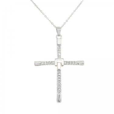 Sterling Silver CZ Cross with Plain Edge Necklace 4.2 x 3cm, 16-18"