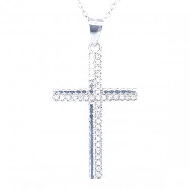 Sterling Silver CZ Cross with Plain Shadow Necklace 21x18mm, 16-18"