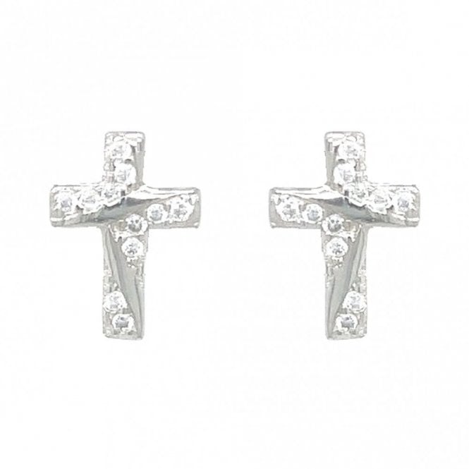 Faith Sterling Silver Sterling Silver CZ Cross with Plain Wavy Line Stud Earrings 10x7mm