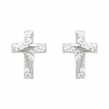 Sterling Silver CZ Cross with Plain Wavy Line Stud Earrings 10x7mm