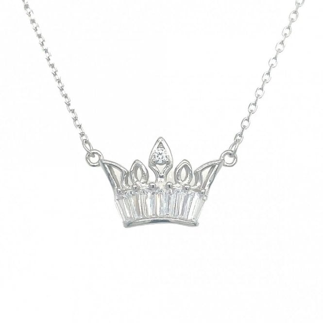 Faith Sterling Silver Sterling Silver CZ Crown Baguette Rubover Set Necklace 16x11mm, 16-18