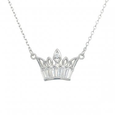 Sterling Silver CZ Crown Baguette Rubover Set Necklace 16x11mm, 16-18"
