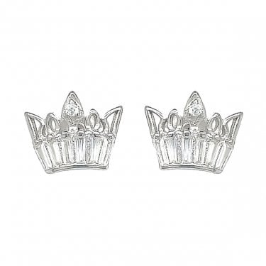 Sterling Silver CZ Crown Baguette Rubover Set Stud Earrings 7x11mm