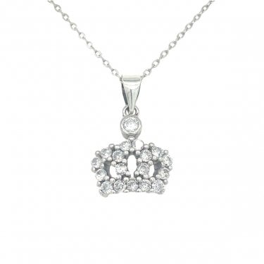 Sterling Silver CZ Crown Claw Set Necklace 13x12mm, 16-18"