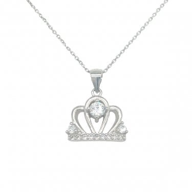 Sterling Silver CZ Crown Claw Set Necklace 15x12mm, 16-18" 