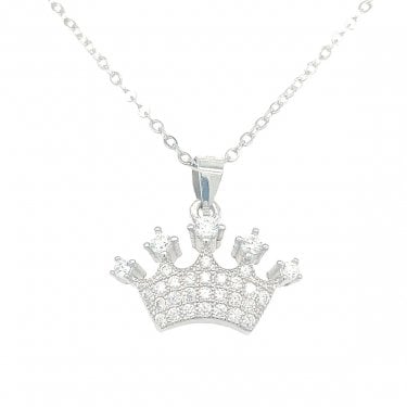 Sterling Silver CZ Crown with 5 Stone Points Necklace 10x17mm, 16-18"