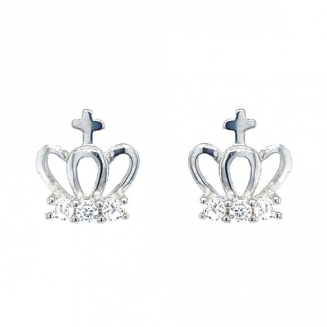 Faith Sterling Silver Sterling Silver CZ Crown with Cross Stud Earrings 10x9mm