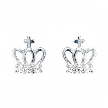 Sterling Silver CZ Crown with Cross Stud Earrings 10x9mm
