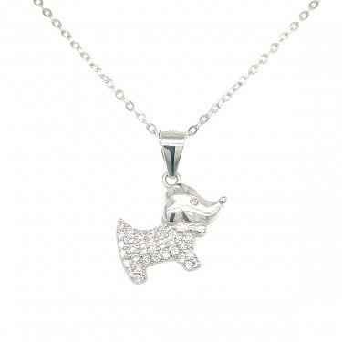 Sterling Silver CZ Dog Necklace 11x15mm, 16-18"