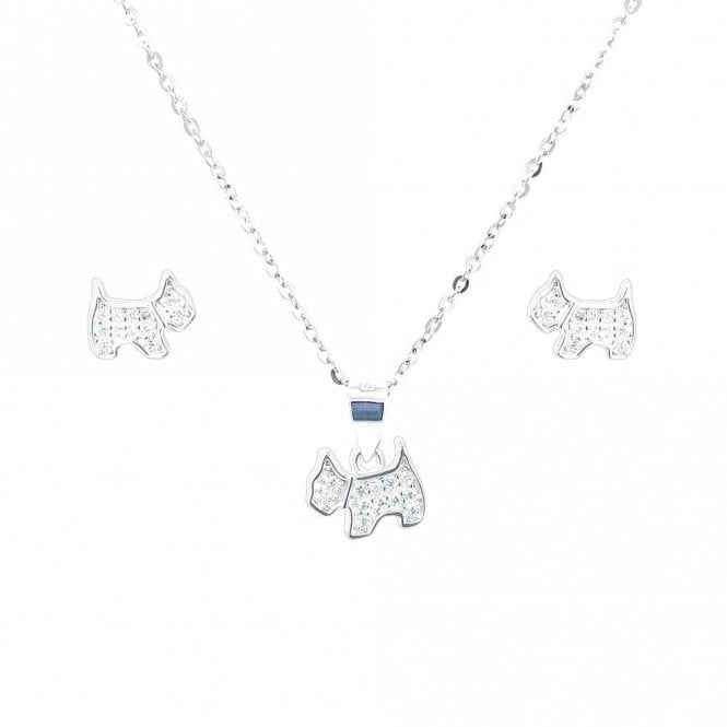 Faith Sterling Silver Sterling Silver CZ Dog Necklace & Earrings Set 7x9mm, 16-18