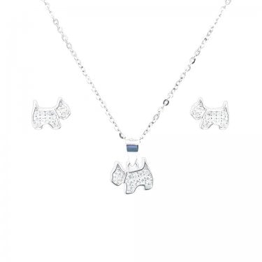 Sterling Silver CZ Dog Necklace & Earrings Set 7x9mm, 16-18"