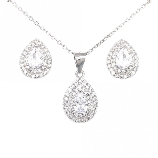 Faith Sterling Silver Sterling Silver CZ Double Halo Pear Necklace & Earrings Set 0.9 x 1.2cm, 1 x 1.4cm, 16-18