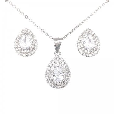 Sterling Silver CZ Double Halo Pear Necklace & Earrings Set 0.9 x 1.2cm, 1 x 1.4cm, 16-18"