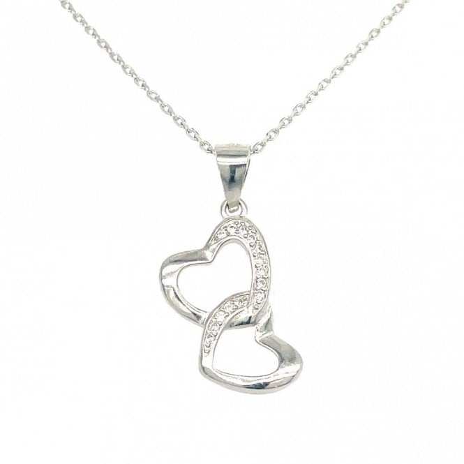 Faith Sterling Silver Sterling Silver CZ Double Heart Hanging Necklace 13x17mm, 16-18