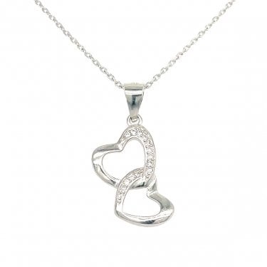 Sterling Silver CZ Double Heart Hanging Necklace 13x17mm, 16-18" 