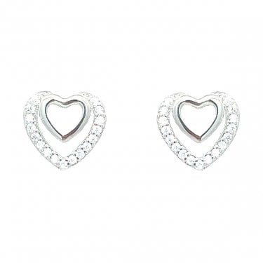 Sterling Silver CZ Double Heart in Heart Stud Earrings 10x9mm
