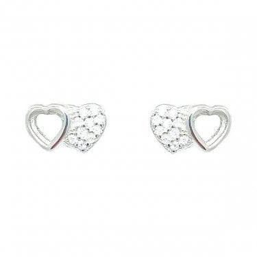 Sterling Silver CZ Double Heart Stud Earrings 5x8mm