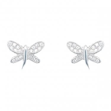 Sterling Silver CZ Dragonfly Stud Earrings 9x11mm
