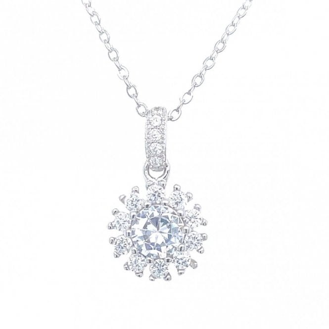 Faith Sterling Silver Sterling Silver CZ Drop Bar with Round Halo Drop Necklace 17x10mm, 16-18