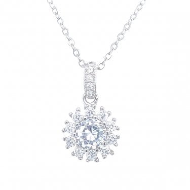 Sterling Silver CZ Drop Bar with Round Halo Drop Necklace 17x10mm, 16-18"