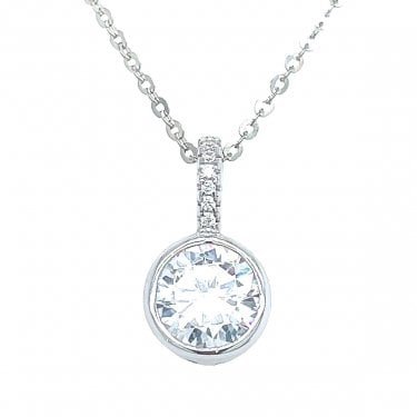 Sterling Silver CZ Drop Bar with Round Rubover CZ Necklace 15x8mm, 16-18"