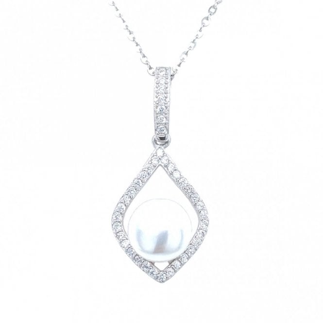 Faith Sterling Silver Sterling Silver CZ Drop & Open Kite Shape with Single Pearl Necklace 29x13mm, 16-18