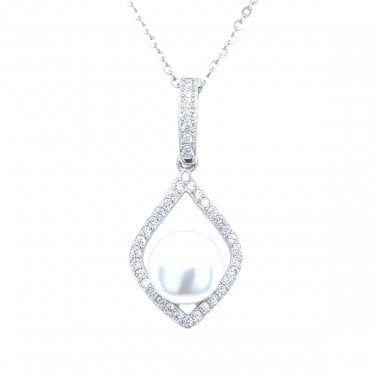 Sterling Silver CZ Drop & Open Kite Shape with Single Pearl Necklace 29x13mm, 16-18"
