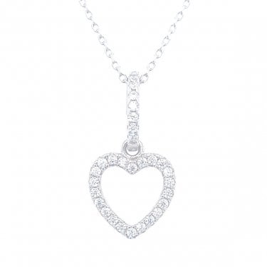 Sterling Silver CZ Drop with Outline Heart Necklace 20x11mm, 16-18"