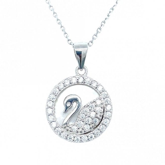 Faith Sterling Silver Sterling Silver CZ Edge Circle with CZ Swan Inside Necklace 14mm, 16-18