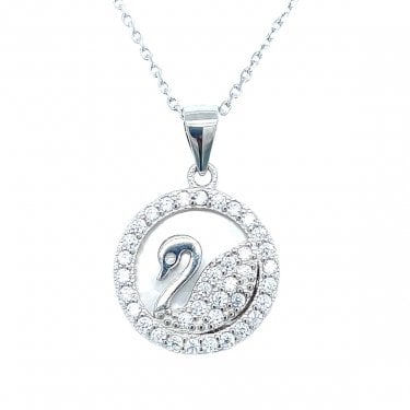 Sterling Silver CZ Edge Circle with CZ Swan Inside Necklace 14mm, 16-18"
