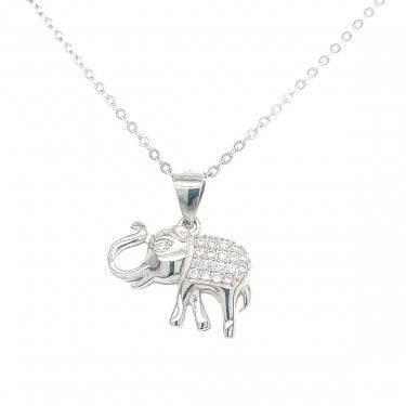 Sterling Silver CZ Elephant Necklace 11x16mm, 16-18" 