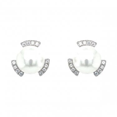 Sterling Silver CZ Fancy Pearl Stud Earrings 10x10mm