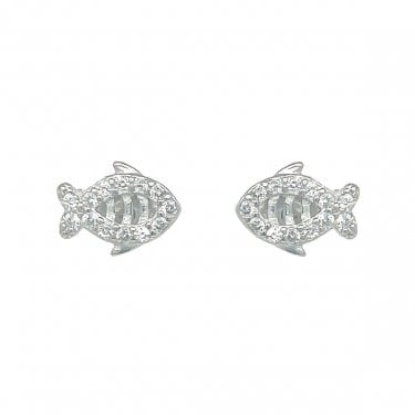 Sterling Silver CZ Fish Stud Earrings 7x10mm