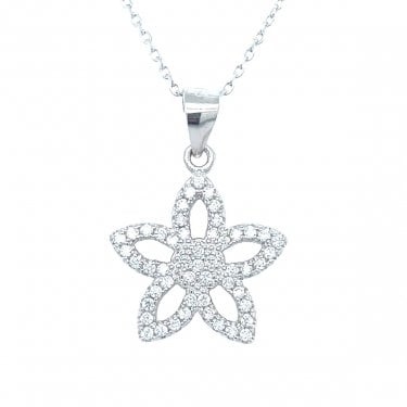 Sterling Silver CZ Flower Cluster Centre with Marquise Open Petals Necklace 16mm, 16-18"