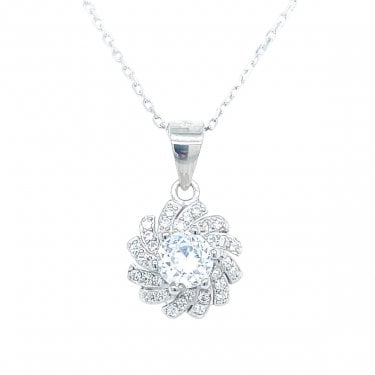 Sterling Silver CZ Flower Rubover Centre with 7 Pave Petals Necklace 10mm, 16-18"