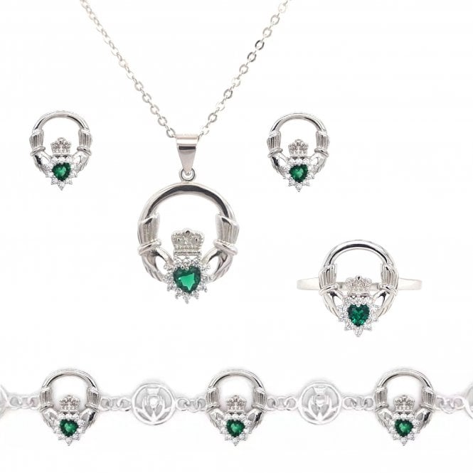 Faith Sterling Silver Sterling Silver CZ Halo Claddagh with Green CZ Centre Necklace, Earrings, Bracelet & Ring Set 1.5 x 1.9cm, 16-18