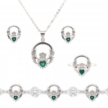 Sterling Silver CZ Halo Claddagh with Green CZ Centre Necklace, Earrings, Bracelet & Ring Set 1.5 x 1.9cm, 16-18", 1 x 1.2cm, 1.2cm, 17-20.5cm