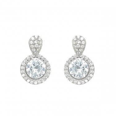 Sterling Silver CZ Halo Drop Round Stud Earrings 14x9mm 