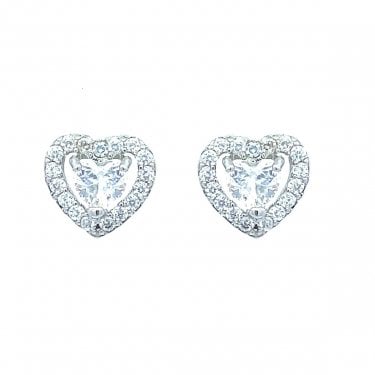 Sterling Silver CZ Halo Heart Stud Earrings 8x8mm