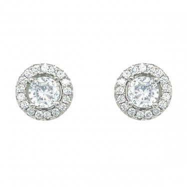 Sterling Silver CZ Halo Set Round Stud Earrings 9x9mm