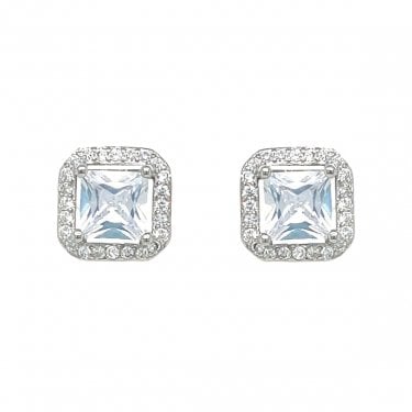 Sterling Silver CZ Halo Set Square Stud Earrings 9x9mm