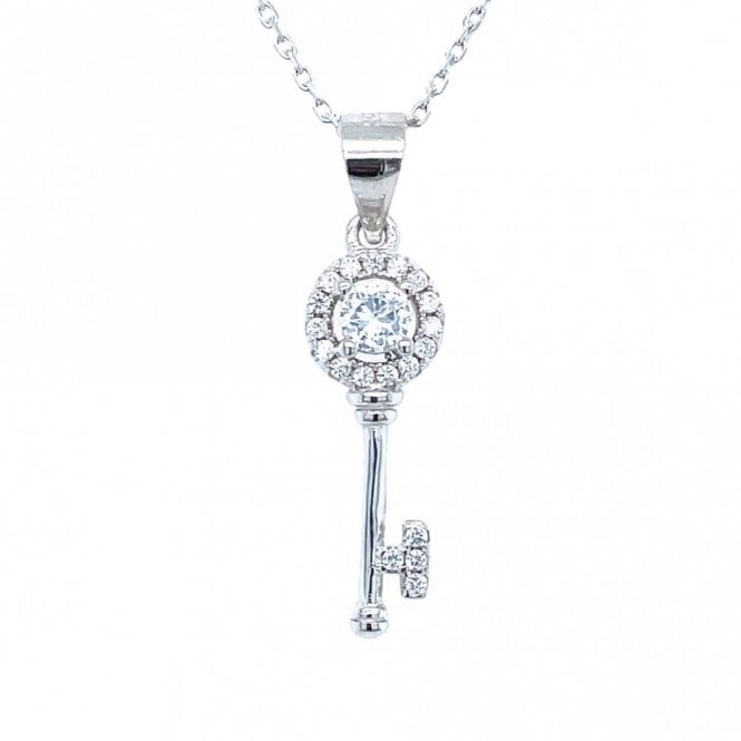 Faith Sterling Silver Sterling Silver CZ Halo Top with Plain Bottom Key Necklace 19x7mm, 16-18