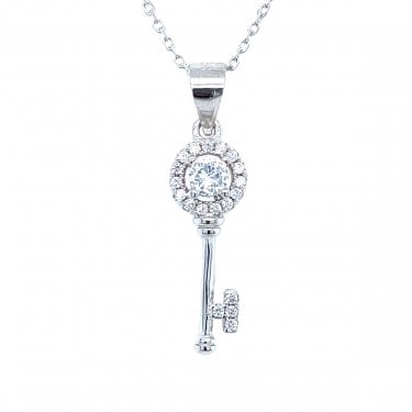 Sterling Silver CZ Halo Top with Plain Bottom Key Necklace 19x7mm, 16-18"