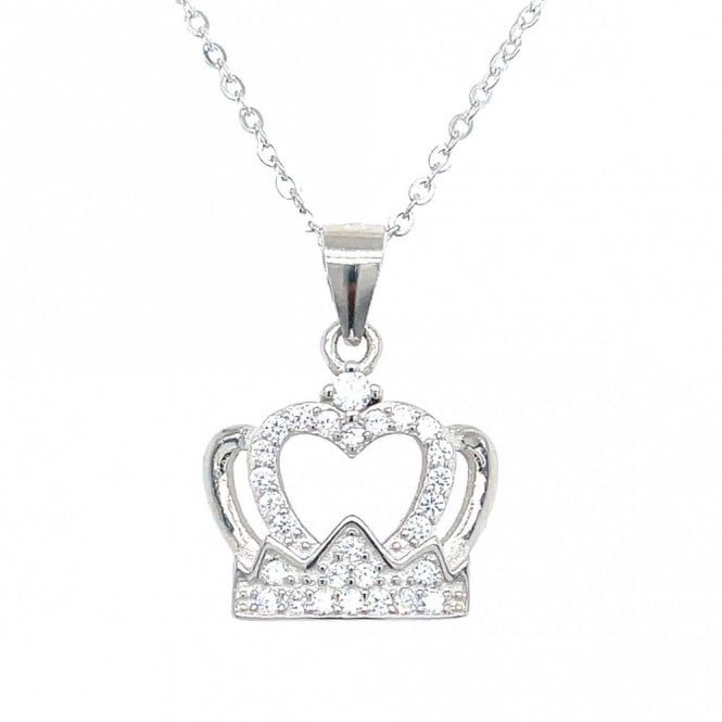 Faith Sterling Silver Sterling Silver CZ Heart & Half Plain Top with CZ Bottom Crown Necklace 12x15mm, 16-18